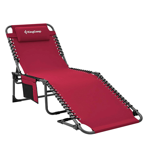 KingCamp Tumbona reclinable, plegable de 4 posiciones, ajustable, plegable, resistente, para camping, cama plegable con almohada y bolsillo para patio, jardín, playa, piscina, tienda de campaña
